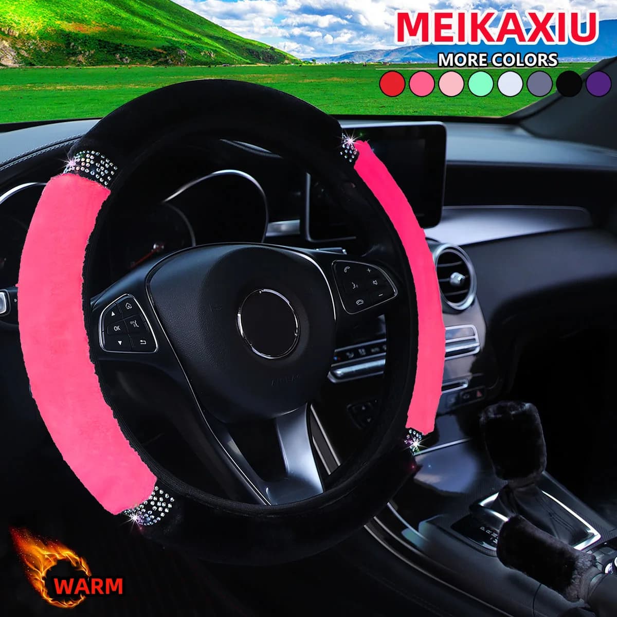 Auto invernale abbagliante con fiocco di neve in peluche senza coprivolante con anello interno, coprivolante, coprivolante, coprivolante,