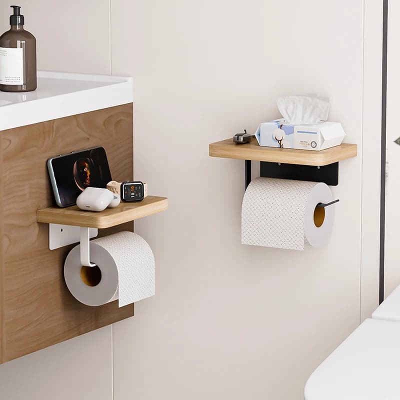 Solid Wood Paper Towel Holder No Punch Bathroom Tissue Box Toilet Cell Phone holder Paper Roll Paper Holder