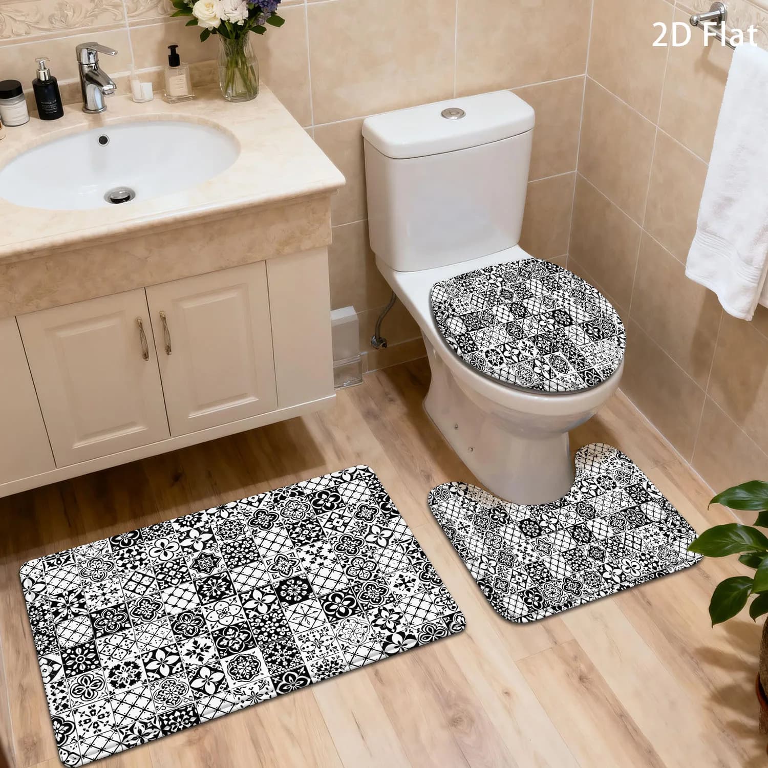 Set di tappeti da bagno moderni in bianco e nero, 3 pezzi, con motivo geometrico a piastrelle, tappetino per WC e tappeto sagomato, antiscivolo, morbidi.