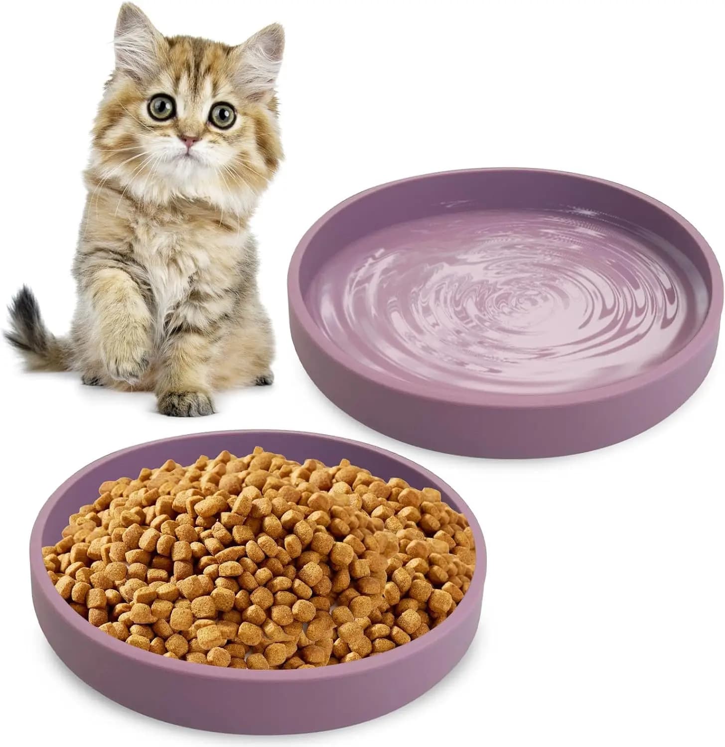 Ciotole Piatte in Silicone per Gatti, Larghezza 15 cm, Set da 2, per Cibo Secco e Umido, Viola