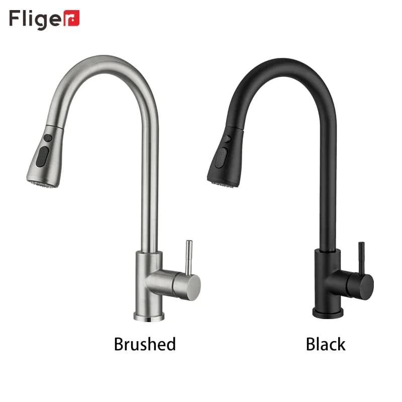 Fliger Rubinetto da cucina nero Beccuccio estraibile Lavello da cucina Miscelatore Spruzzatore a flusso Testa Rubinetti per acqua calda e fredda Montaggio su piano