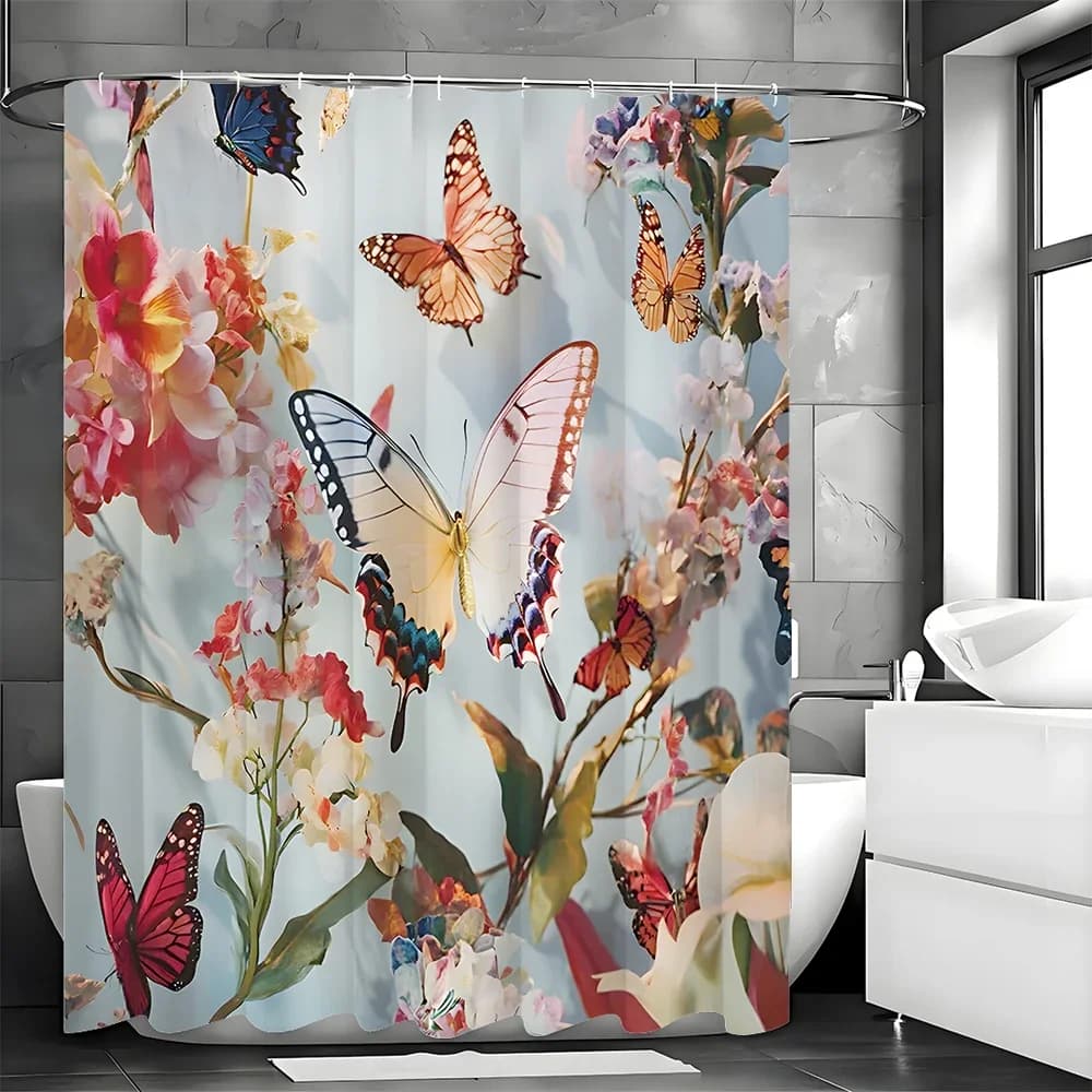 Tenda da doccia con design floreale a farfalla, tenda da doccia impermeabile per ragazzi, ragazze e adolescenti