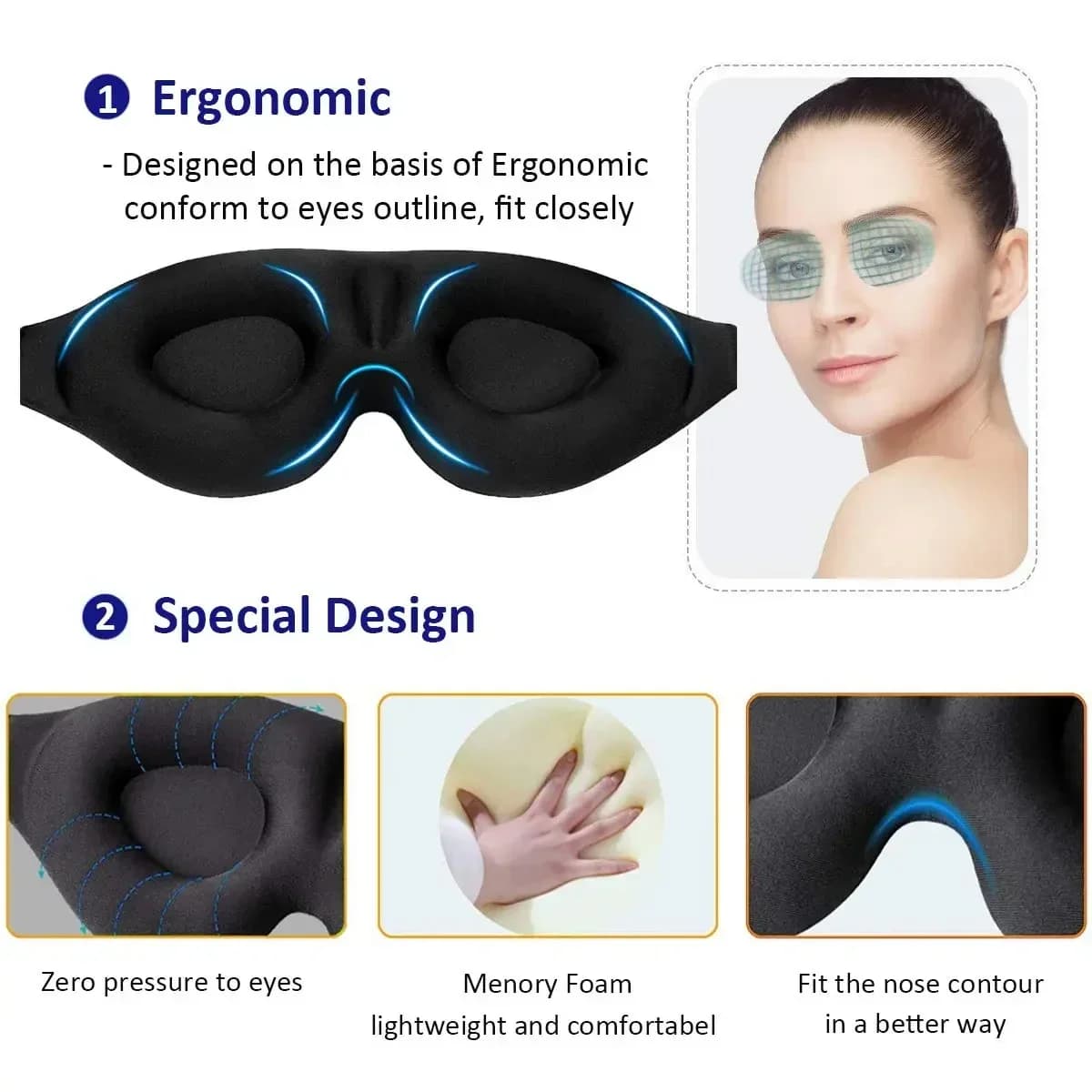 Maschera per gli occhi 3D Coppa sagomata per dormire Benda traspirante Maschera per dormire notturna modellata concava che blocca la luce