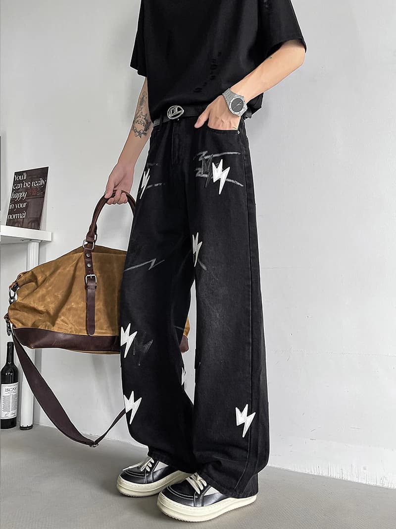 Jeans con Ricamo a Fulmine Stile Americano, Nuova Tendenza Estiva da Uomo, Pantaloni Lunghi a Gamba Dritta e Larghi, Stile Street Cool, Pantaloni a Zampa
