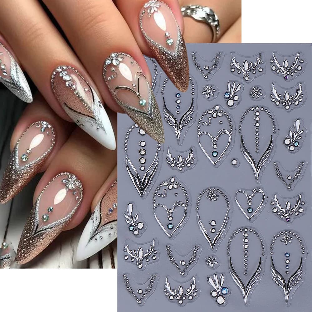 1 pz San Valentino strass di lusso adesivo per unghie 5D cuore francese linea d'argento decalcomanie per unghie pietra preziosa trasparente manicure cursore Deco