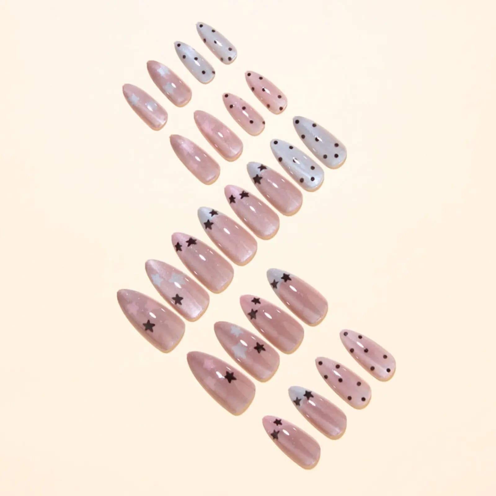 Nude Pink Almond Nails Press On 24Pcs Glossy Cat's Eyes Fake Nails Five-pointed Star/Polka Dot Printed Y2K Girls DIY Nails Art