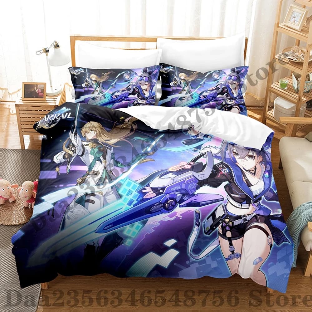 Kawaii Silver Wolf Honkai Star Rail Pattern Three Piece Bedding Set Luxury Comforter Set with Queen King Including household go