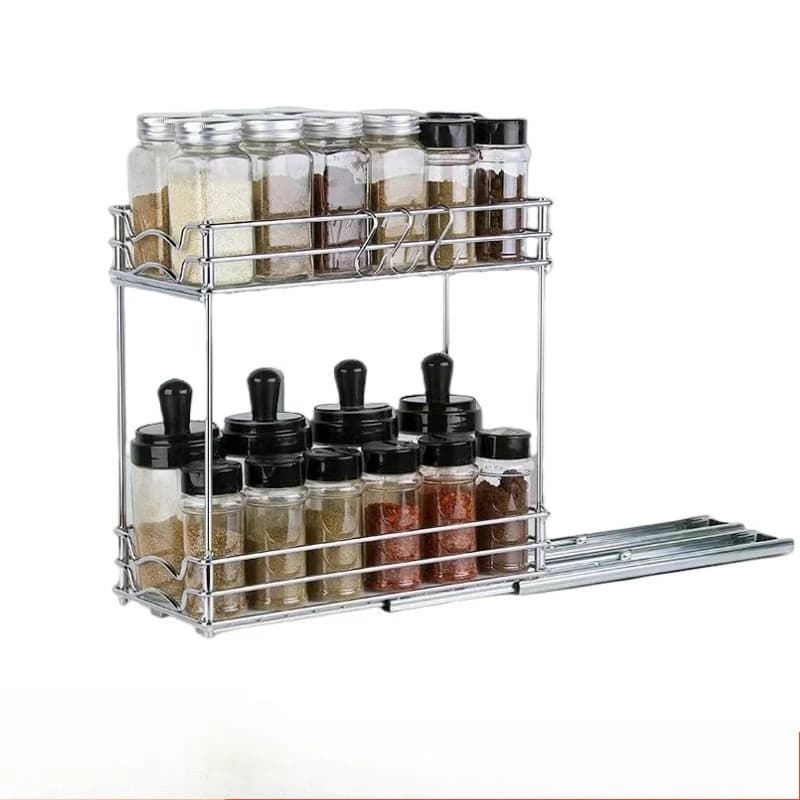 Multi-Tier Sliding Spice Rack Organizer， Space-Saving Kitchen Cabinet Shelf for Bottles， Maximizes Under Sink & Corner Storage