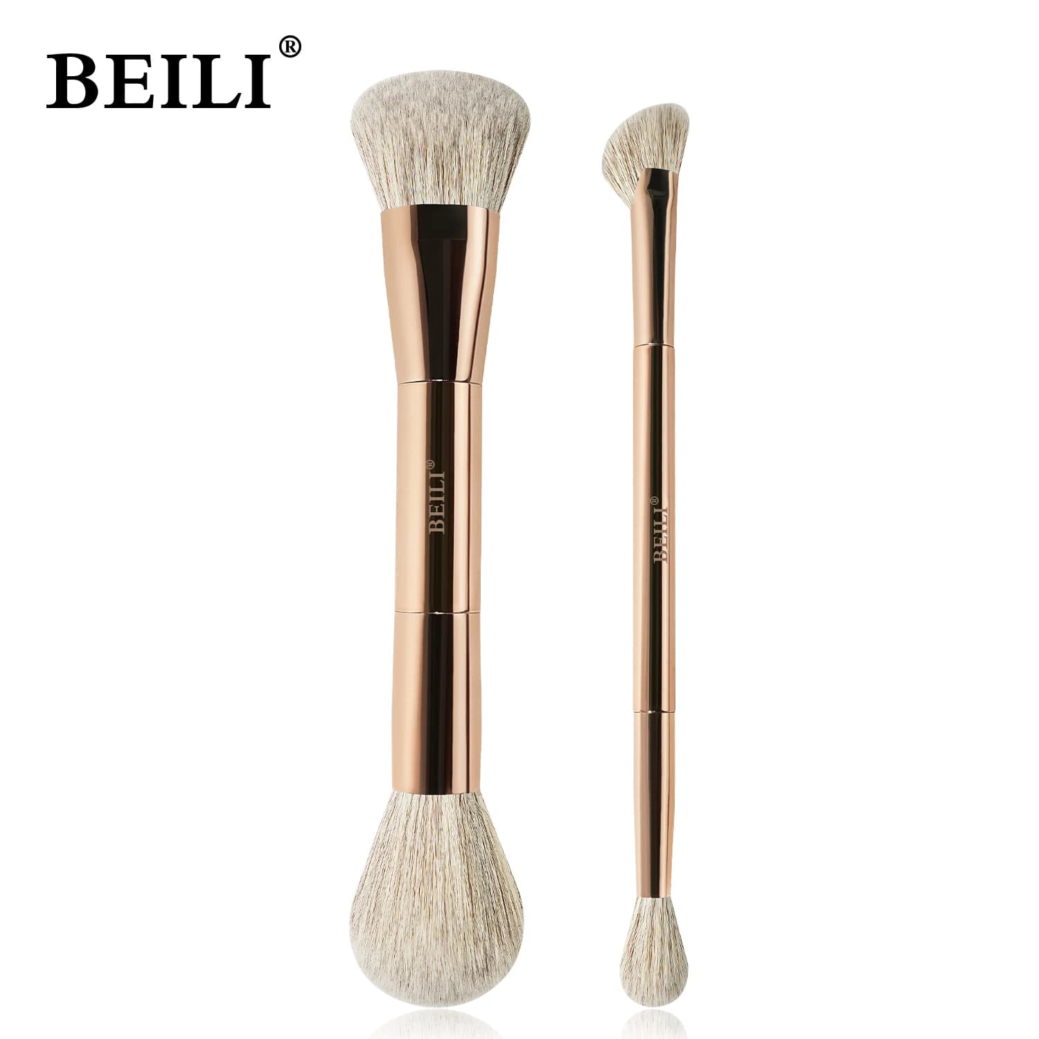 Set of Double Facial Makeup Brushes for Fondotinta, Contouring, Blush, Smoothing, Eyebrow and Umbrella, Fiber, Color Chian Brilliant