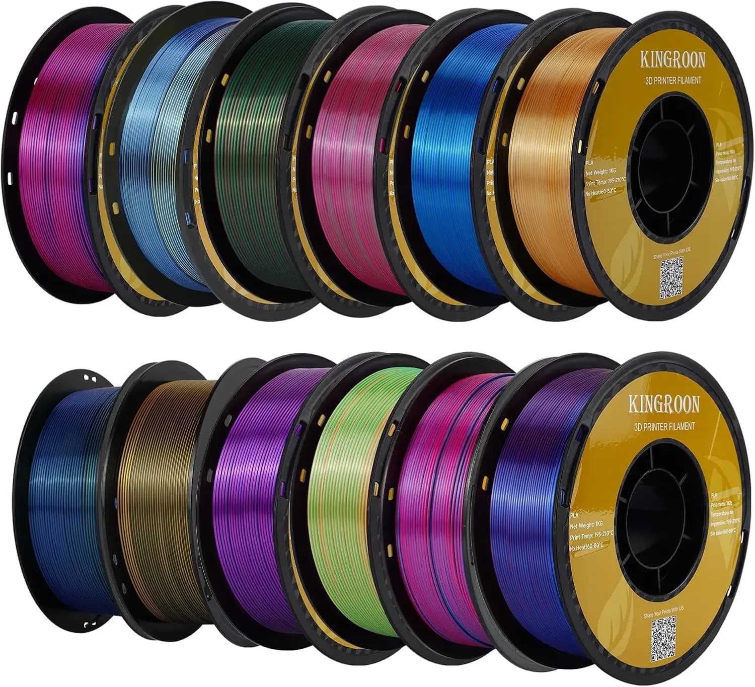 Filamento PLA, Filamento PLA Seta Multicolore, Filamento per Stampante 3D Tricolore, 1,75 mm, Precisione Dimensionale +/- 0,03 mm, Bobina da 12 kg