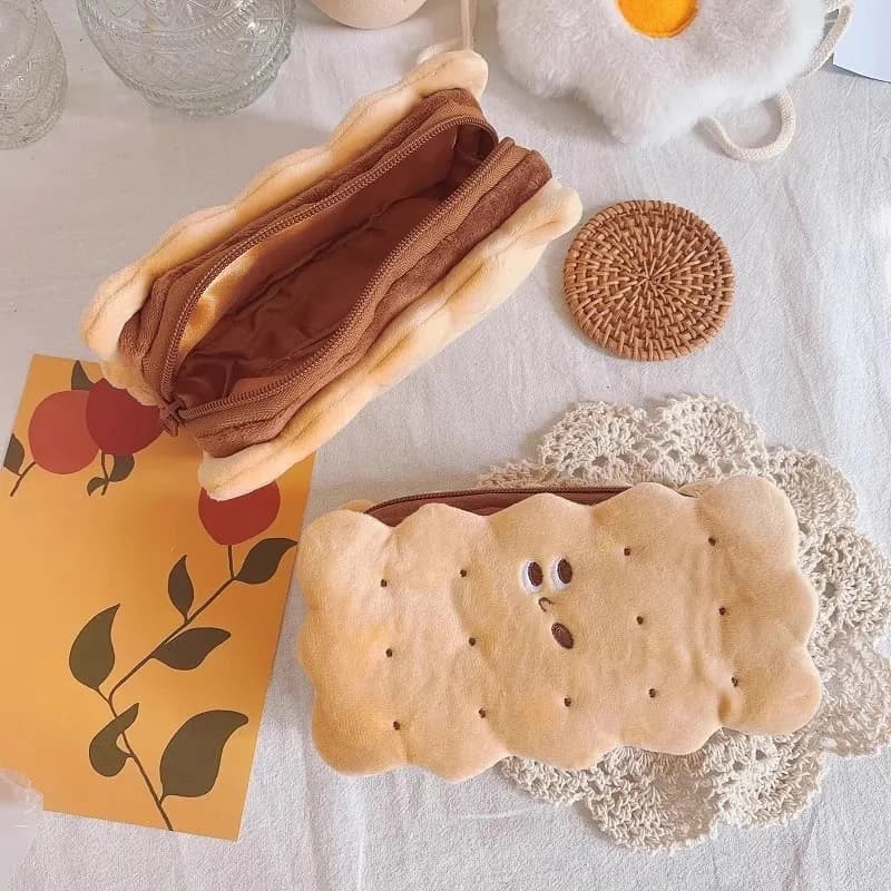 Kawaii Cookie Plush Pencil Bag Double Layer Zipper Large Stationery Pouch for Girls School Supplies