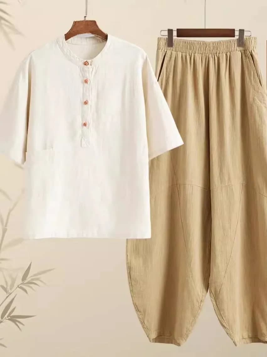 Chinese Zen Style Cotton Linen Loose Casual Tai Chi Suit Women's Summer Autumn Two-Piece Set Comfortable Breathable Sportswear