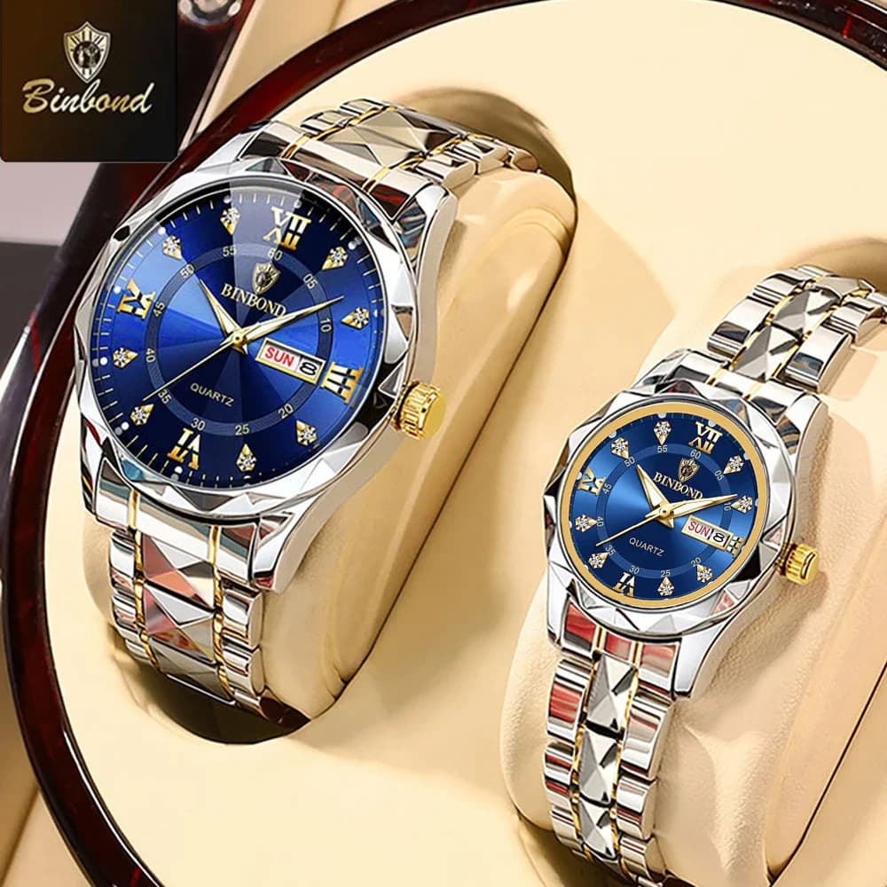 BINBOND 2 pcs/set Couple Watches Fashion Diamond Gift Valentine's Day Watch Stainless Steel Man Woman 30M Watch Quartz Waterproof
