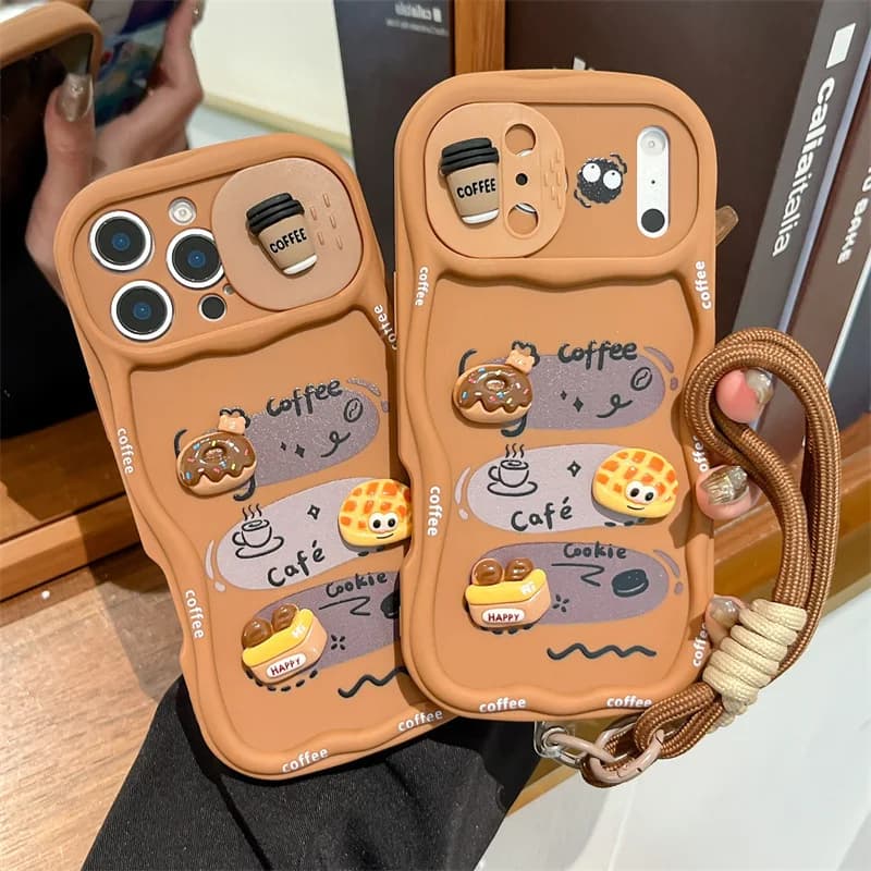 Custodia per telefono 3D a forma di pane cartone animato con cinturino da polso, ondulata, per iPhone 17 16 15 14 13 12 Pro Max, con protezione antiurto e fotocamera scorrevole a scomparsa