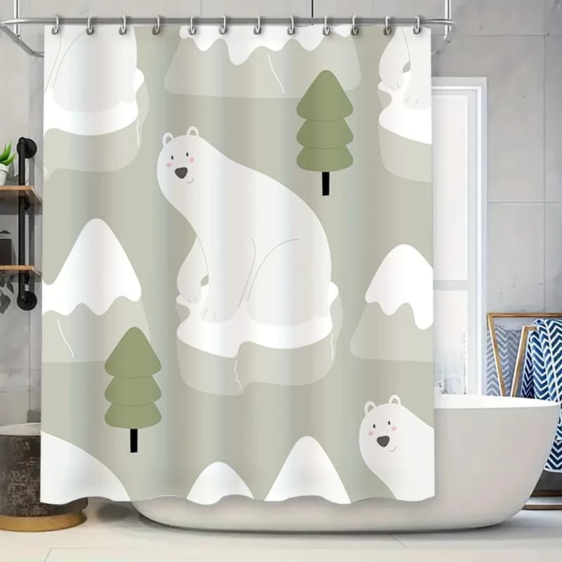 Tenda da doccia con orso bianco nevoso con alberi di pino verde, decorazione per il bagno di casa per bambini e adulti