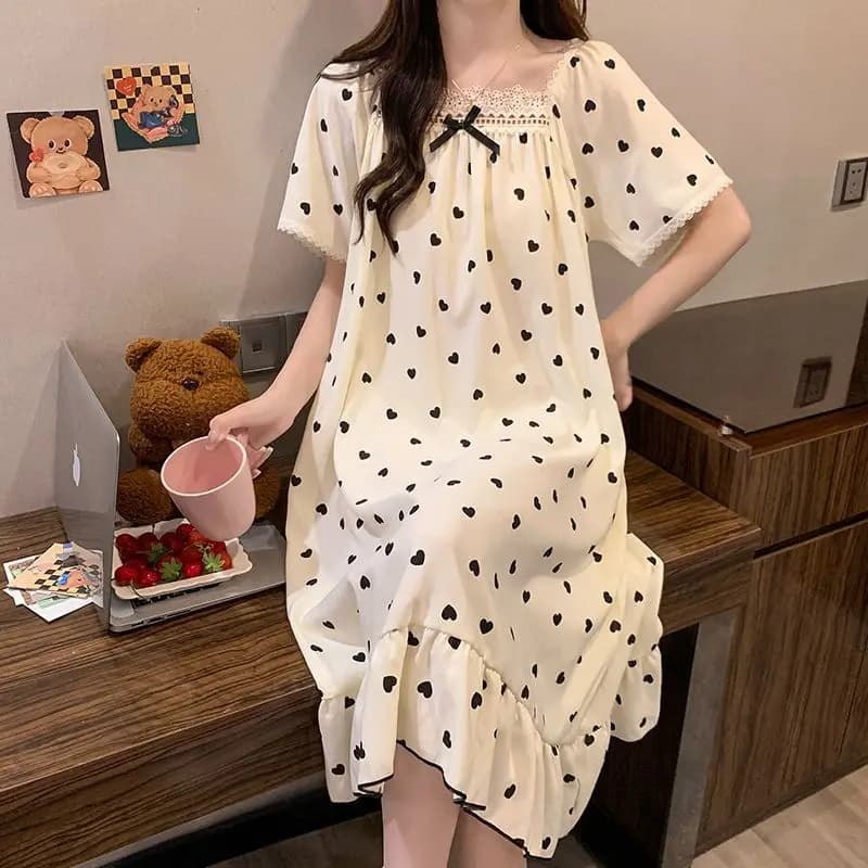 Plus Size Princess Style NIghtgown Summer Short Sleeve Pajamas Dress Korean Floral Cloud Cotton Loose Loungewear Home Clothes