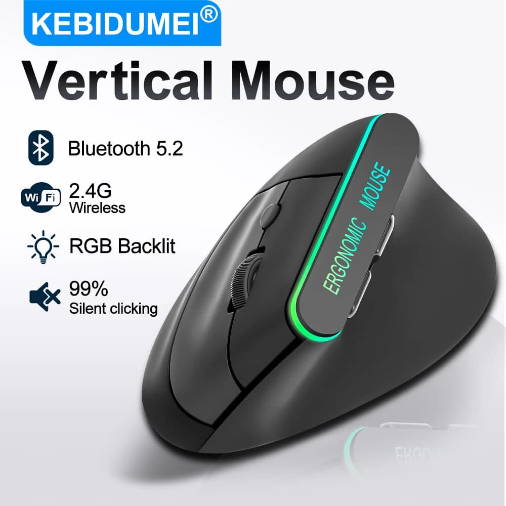 Mouse Verticale Dual Mode RGB Wireless Ricaricabile Silenzioso Bluetooth Ergonomico per Ufficio e Gaming per PC e Laptop
