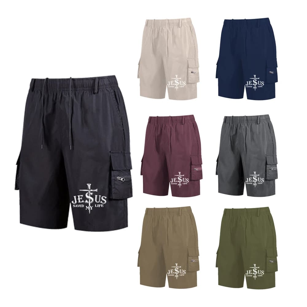Pantaloncini da palestra estivi da uomo "Jesus Saved My Life" Stampa Abbigliamento sportivo da esterno ad asciugatura rapida con tasche Pantaloni corti neri casual