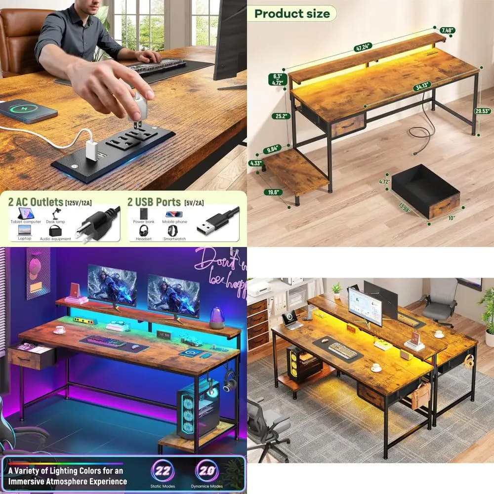 Ergonomics 47.2 desk with Current socket, LED lights and Monitor support for Home Office, Studio and Gaming in Rustic Brown