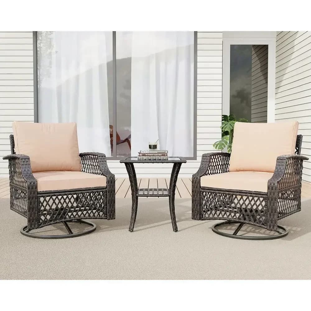 3-Piece Outdoor Swivel Chair Set with Wicker, Cushions, and Glass Table for Patio, Deck, or Garden (Khaki)