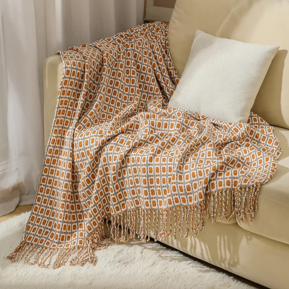 Coperta in Lana Lavorata a Maglia con Motivo a Mille Uccelli e Frange, Morbida e Leggera, Stile Americano, Confortevole per l'Estate