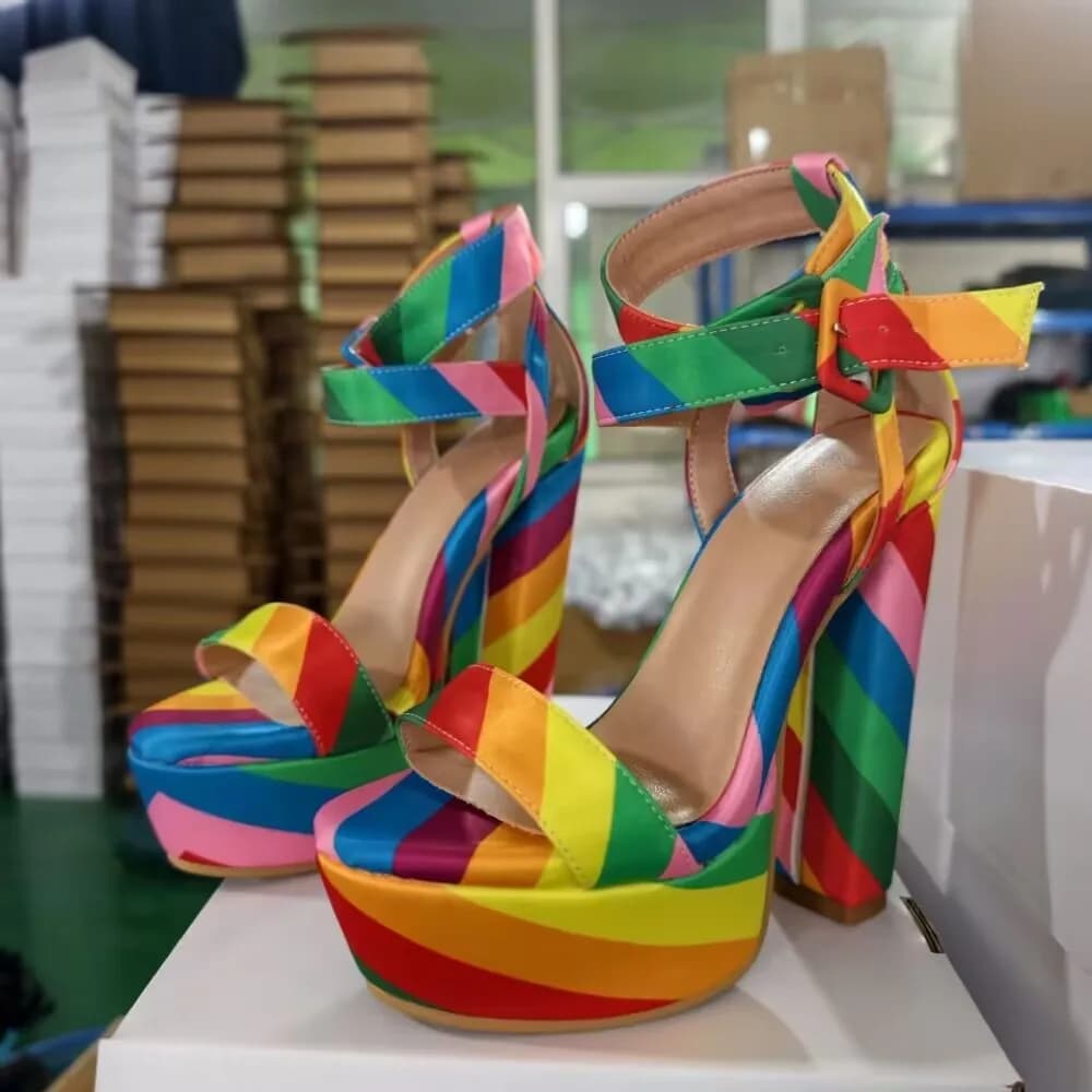 Women's Rainbow Satin Platform Heel Sandals Chunky Block Heel Open Toe Double Buckle Strap Design Summer Casual Style Sandals