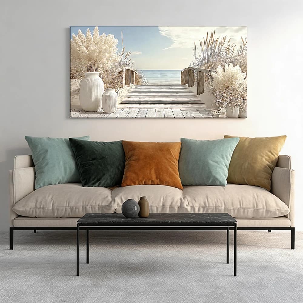 Painted on canvas with large wooden frame, 1 piece. Vases, pamph grass, sea.