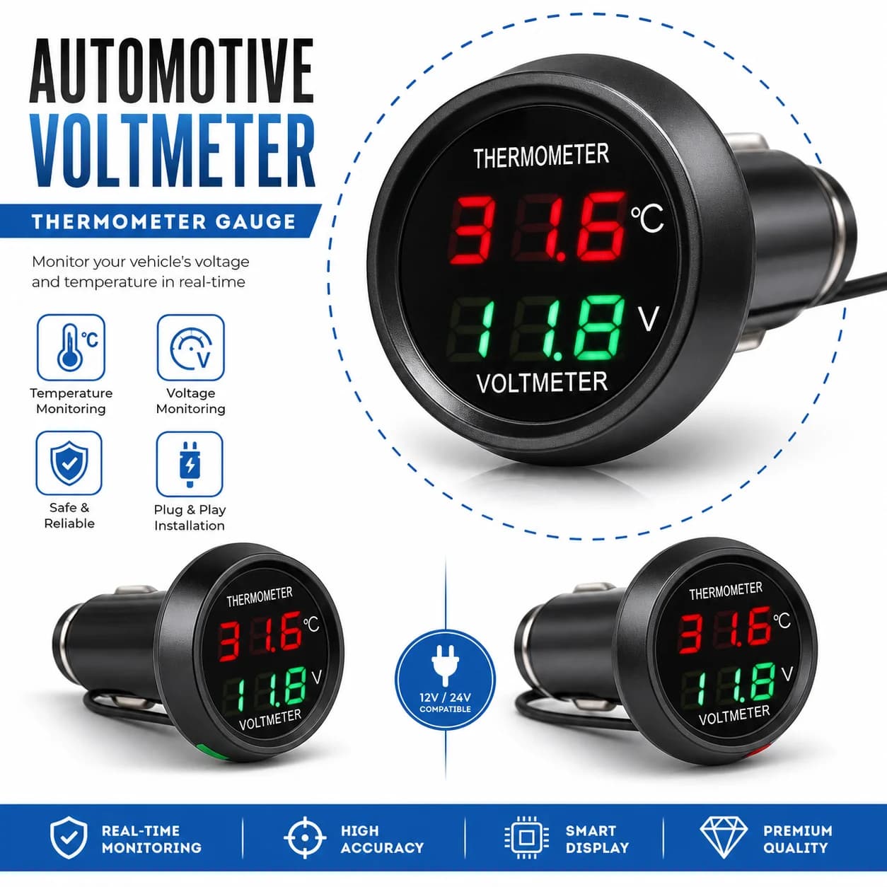 Voltmetro Digitale 12V 24V con Termometro, Stile Accendisigari, Monitor Batteria per Misurare Tensione e Temperatura Auto B8J4