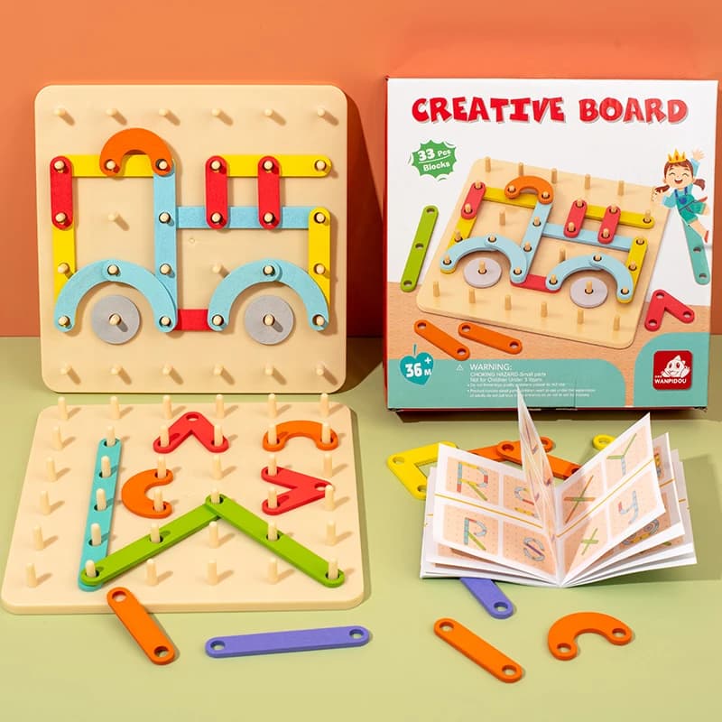Set di Costruzioni Geometriche in Legno per Bambini, Puzzle Montessori con Perni, Gioco Educativo Sensoriale