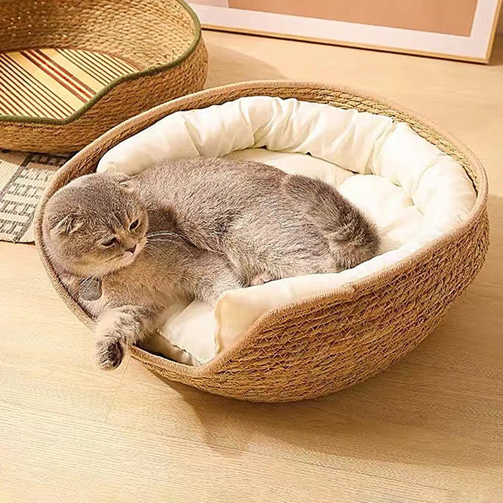 Cuccia per Gatti Intrecciata a Mano con Cuscino Imbottito in Cotone, Nido Caldo e Accogliente per Gatti e Cani, per Riposo e Grattamento