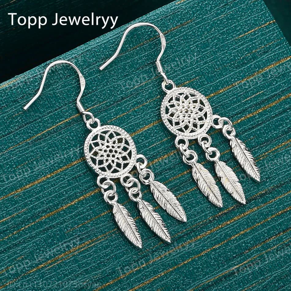 925 Sterling Silver Delicate Feather Dream Catcher Earrings Fashion Women Party Favor Wedding Jewelry