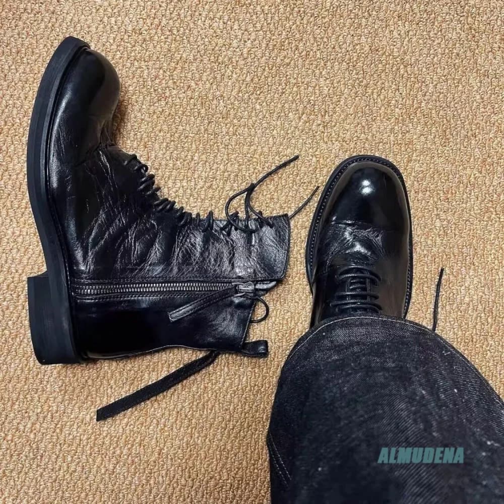 Black Leather Trendy Men High-Top Boots Lace Up Side Metal Zipper Low Block Heel Outdoor All Season Daily Comfort Casual Shoes