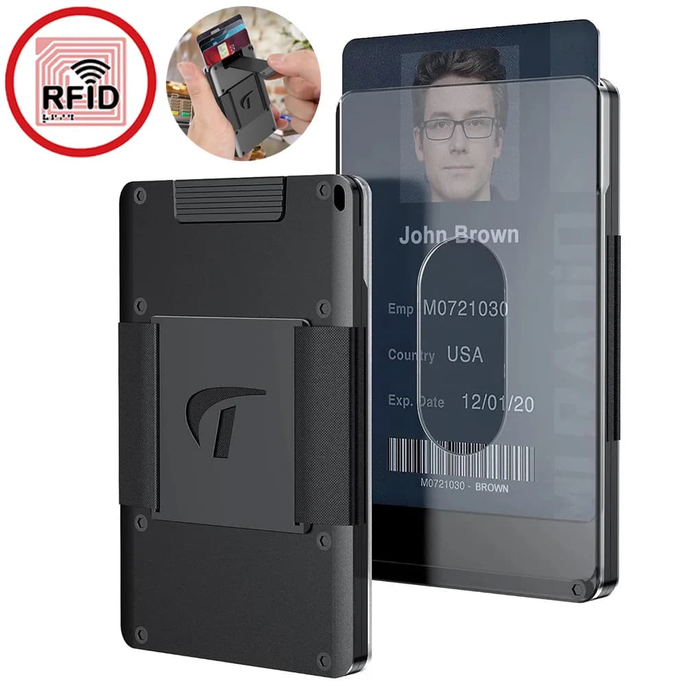 RFID Protection Minimalist Card Holder for Men Aluminum Stretchable Belt Draw-Out Metal Wallet Holds Up 15 Cards with Cash Strap