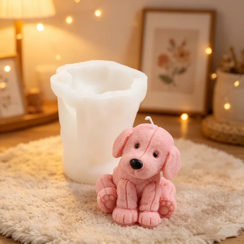 Stampo in silicone 3D a forma di cucciolo seduto con texture felpata, realistico, cucito, per candele, resina epossidica, gesso, stampo fai da te a forma di cane, decorazione per la casa