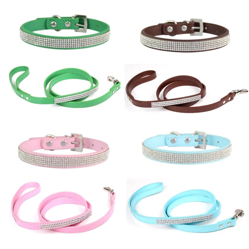 Set collare e guinzaglio per cani in pelle PU decorata con cristalli – Elegante collare per cani con strass Accessori per animali domestici