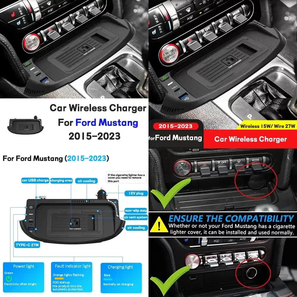 Wireless Car Charger Phone Support for Mustang 2015-2023, compatible with iPhone 11 12 13 14 15, USB Type-C, fast charging 27W, car support