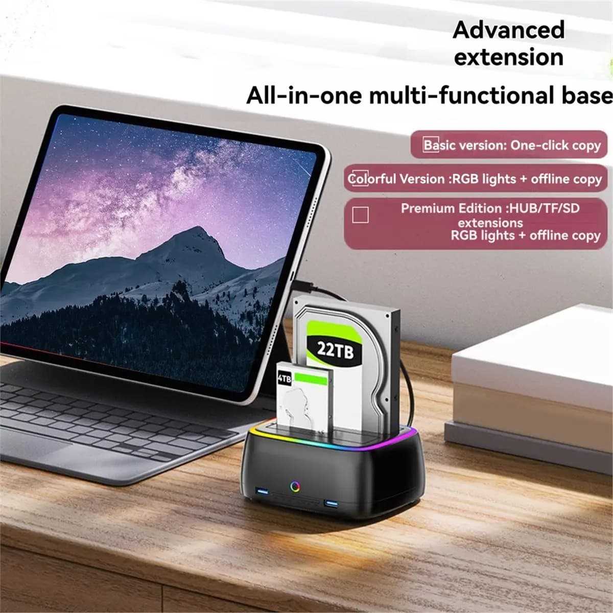 Stabile - Stazione per disco rigido RGB dual-bay HUB/TF/SD USB 3.0 a SATA Tipo-C Docking station HDD per HDD/SSD da 2,5/3,5 pollici Spina UE