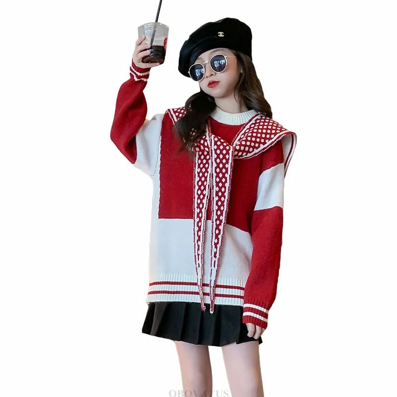Nuovo maglione per bambini di design con mantello per ragazze Maglieria da strada di alta moda con sciarpa Abbigliamento casual lavorato a maglia per bambini adolescenti