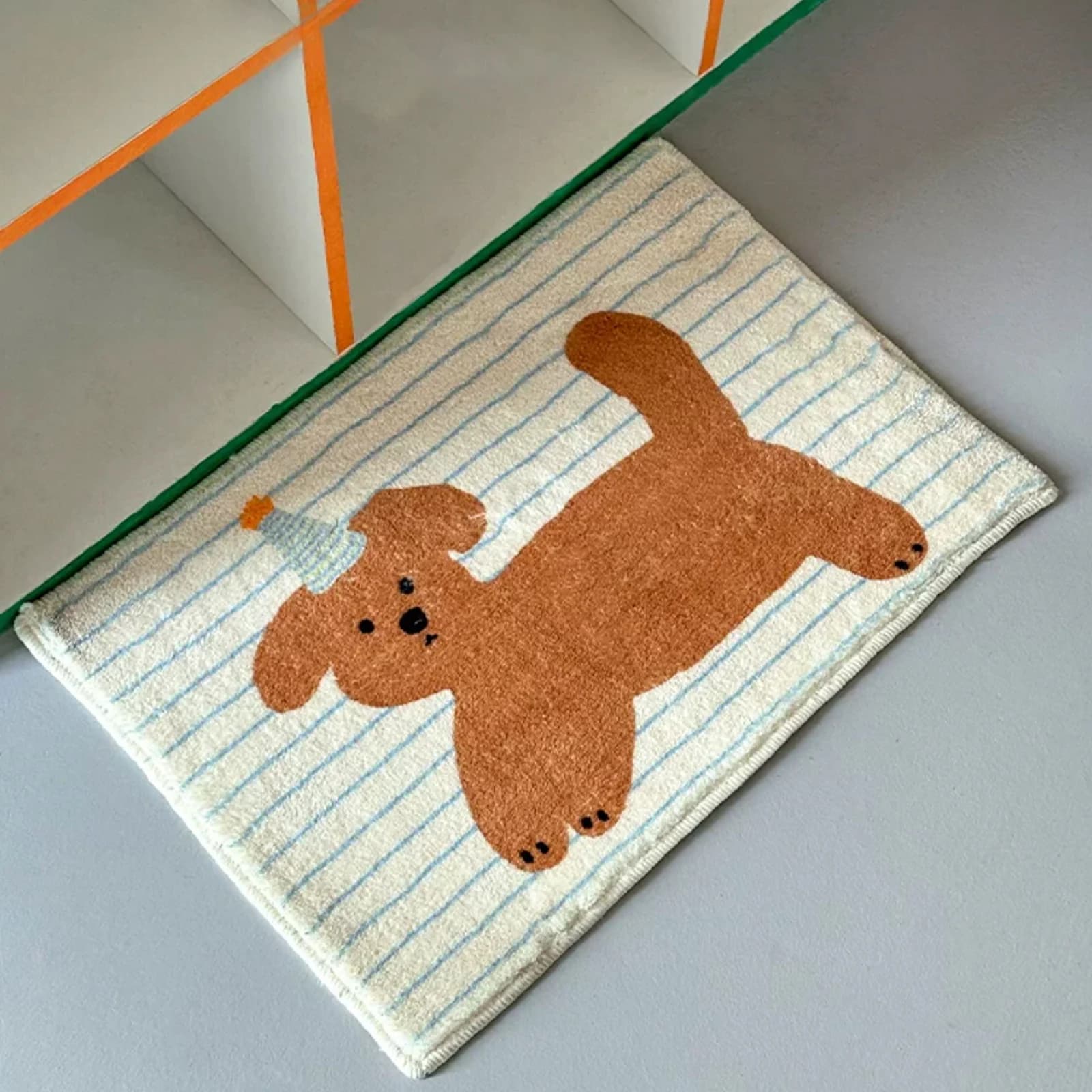 Striped puppy printed short fleece bathroom anti-slip mat, cute style door mat, indoor small carpet