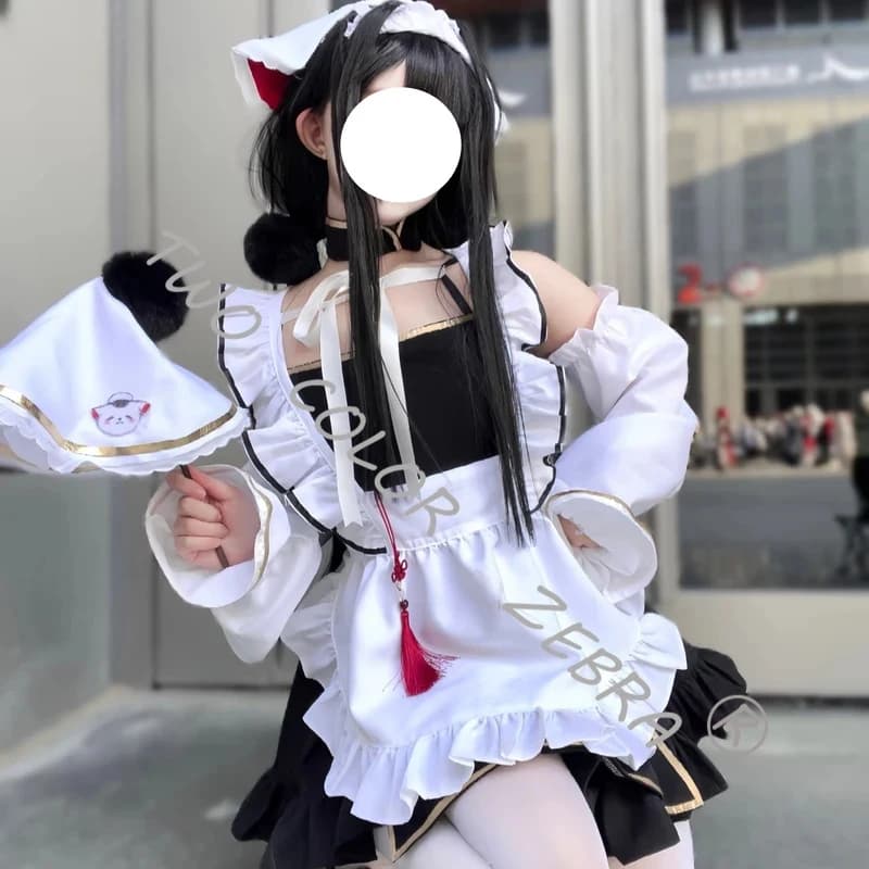 A;3\v,7'd/Game Azur Lane Chang Feng Cosplay Costume White Maid Cos Dress with Frilled Apron Choker Headress Props Wig w.3;v'6\b/