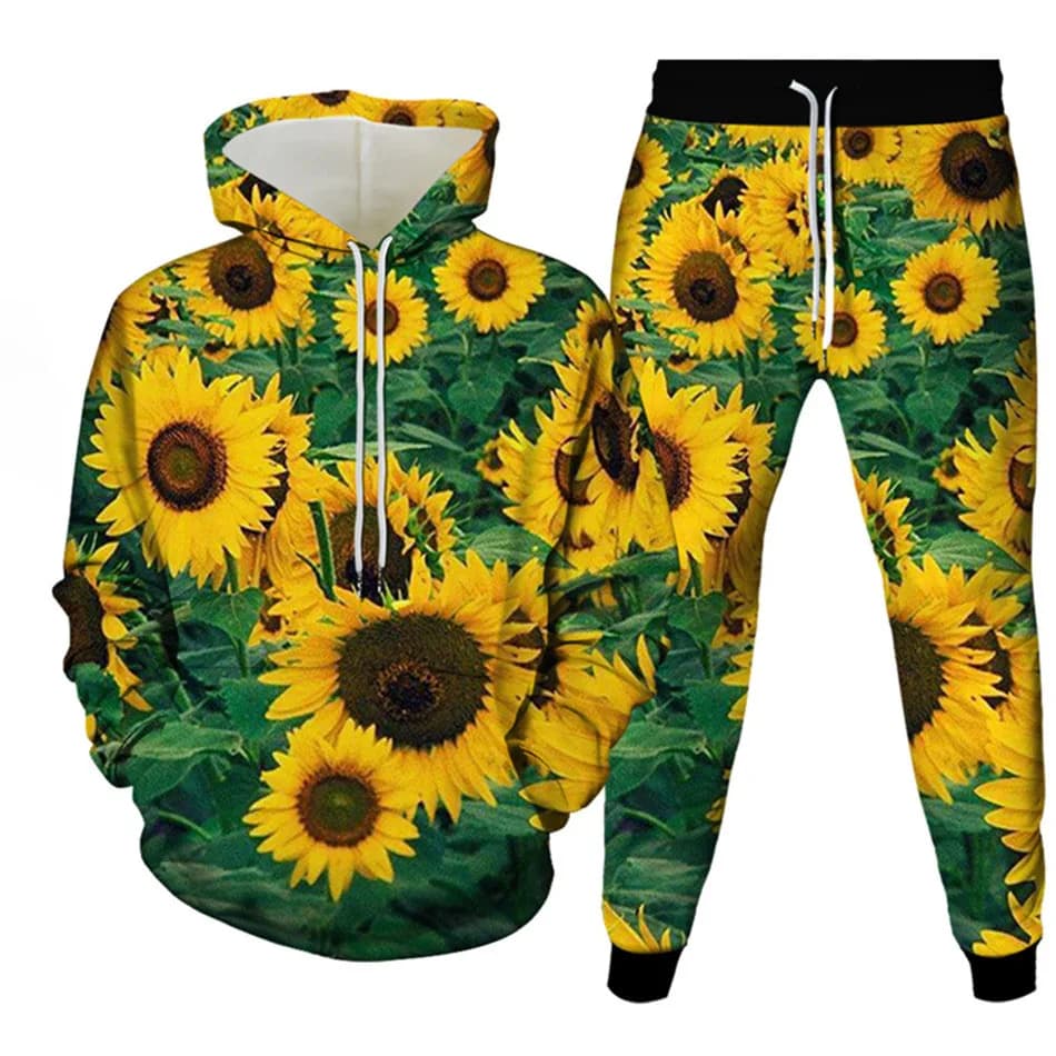 Girasole pianta foglia erbaccia 3D stampato felpa con cappuccio tuta uomo felpe pantaloni della tuta moda due pezzi tuta Set abbigliamento uomo