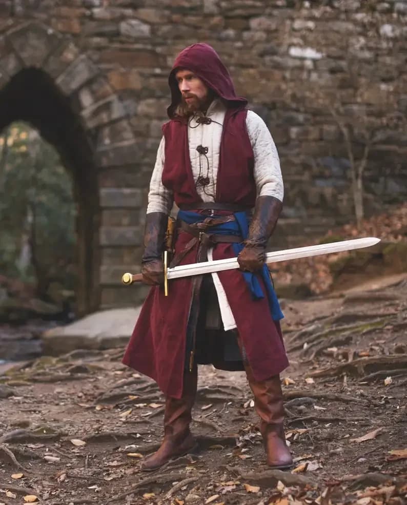 Soprabito Aperto sul Davanti - Mantello Medievale in Lino per Adulti, Tunica Celtica con Cappuccio, Mantello Vichingo, Costume Rinascimentale per Cosplay LARP
