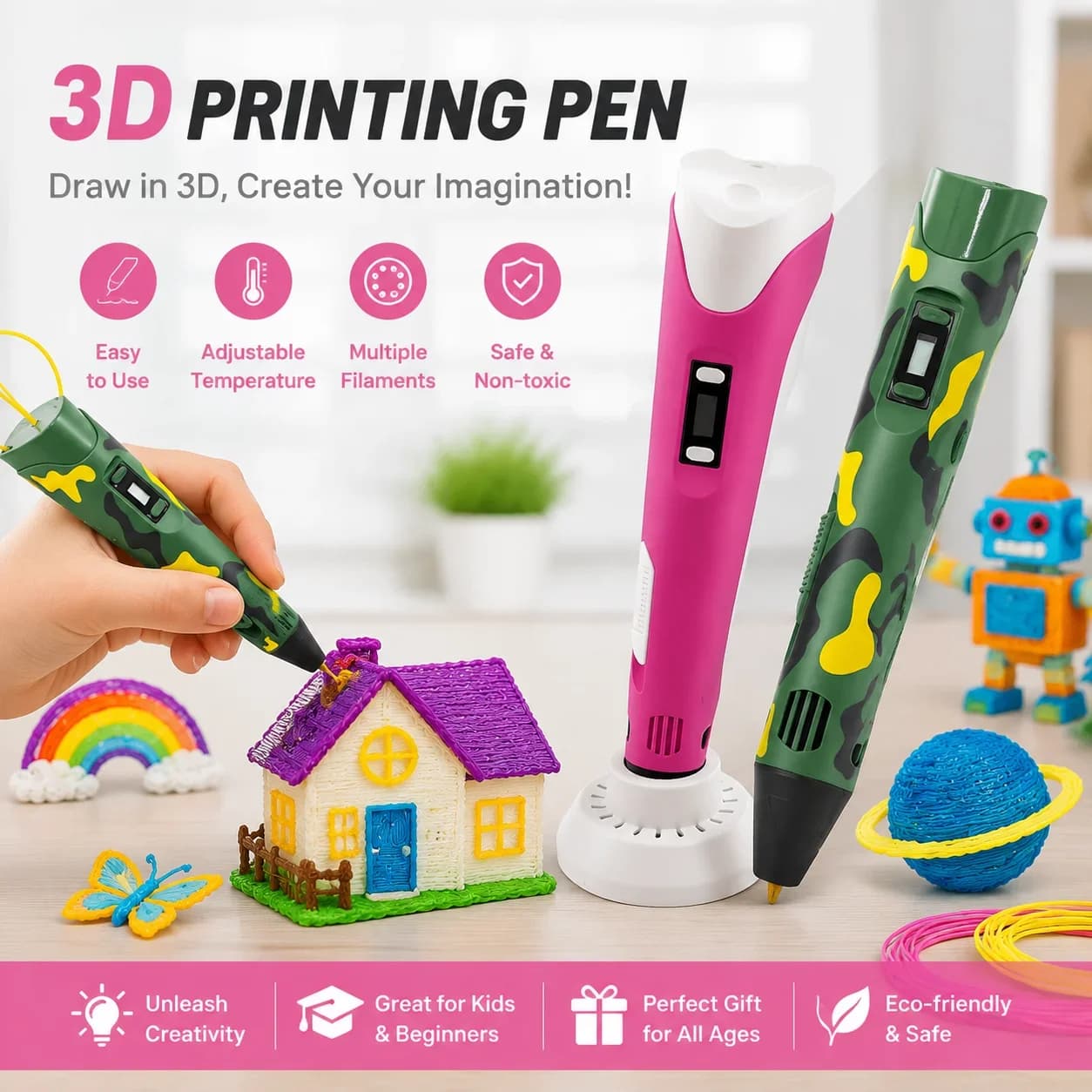 Penna per Stampa 3D con Filamento PLA da 9M, Sicura per Alte Temperature, Penna per Disegno e Graffiti Fai-da-Te per Bambini e Adulti, Regalo di Natale e Compleanno, Arte e Artigianato