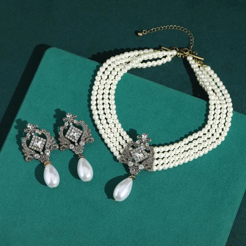 Vintage Crown 4-Layer Pearl Pendant Jewelry Sets Necklace Earrings Luxury Classic Party Brand Trendy Banquet Gifts Trends 2026