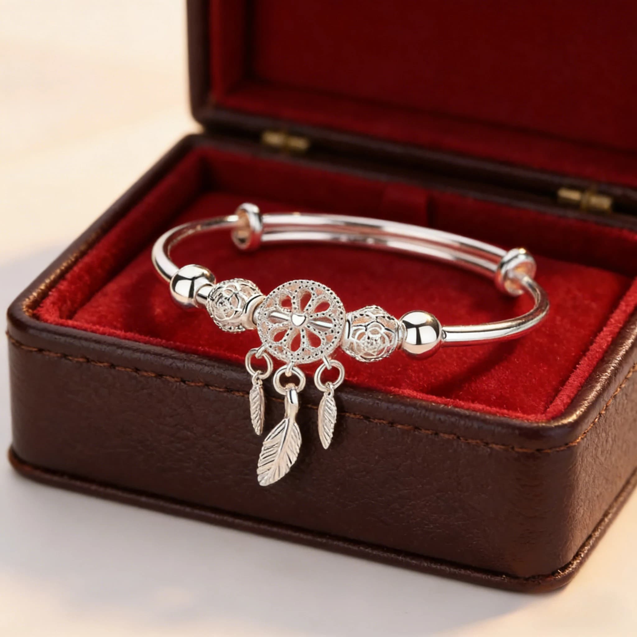 Hot Sale 925 Sterling Silver Dreamcatcher Bangle for Women, Adjustable Feather Charm Open Bracelet, Jewelry Gift for Birthday