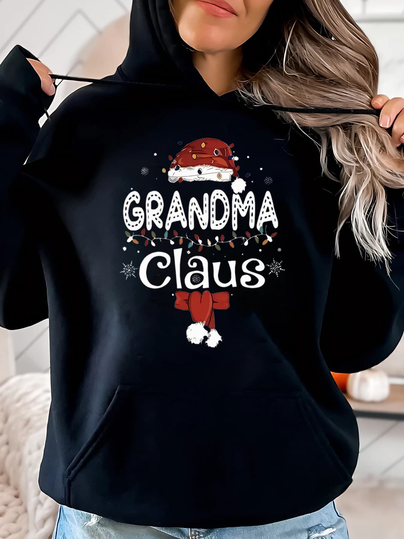 Women's Claus Christmas Hoodie, for holidays, for family, black, big size