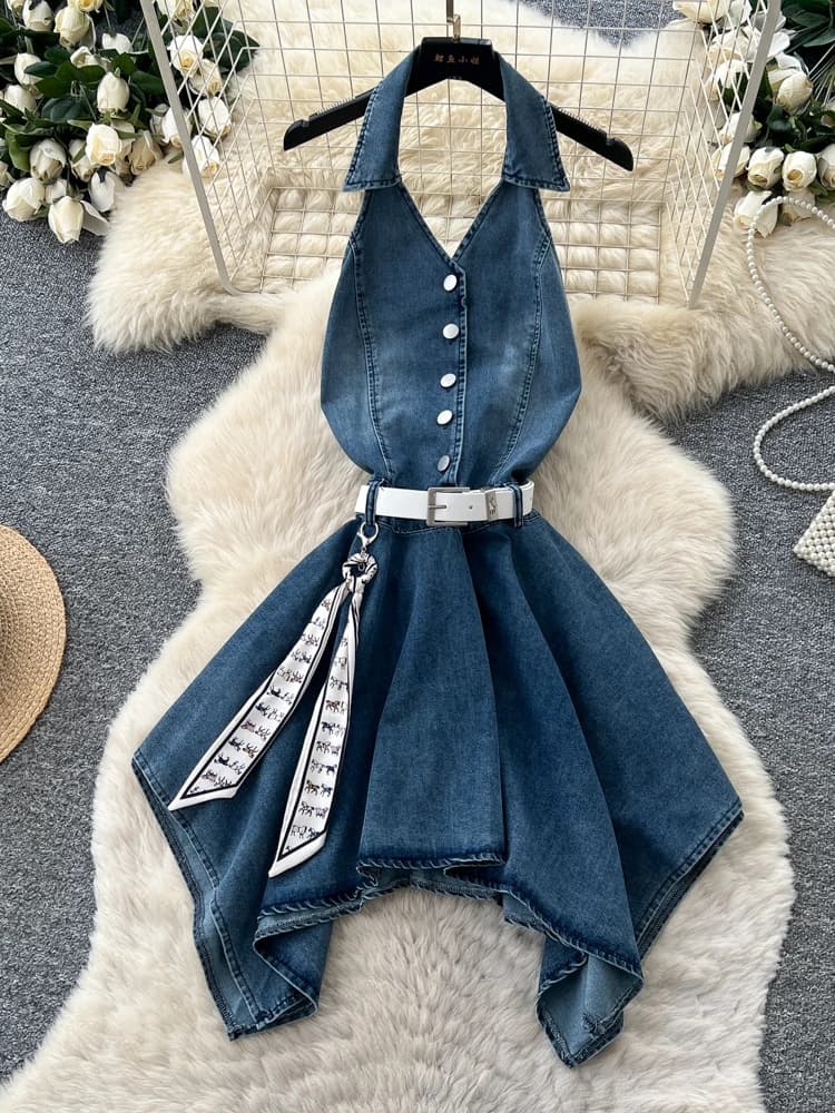 Sweet Youngizing Off-Shoulder Denim Short Dress Women's Summer High-Waist Slimming A-Line Skirt Korean Style Commute Dress