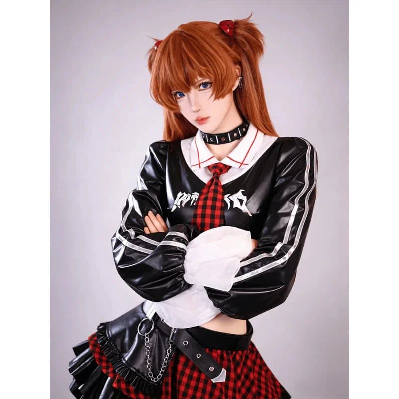 A;3\v,7'd/Asuka Langley Soryu Rock Band Cosplay Costume Women Sexy Gothic Uniform Skirt Anime Cos Convention Christmc;4'b,7'm\1/
