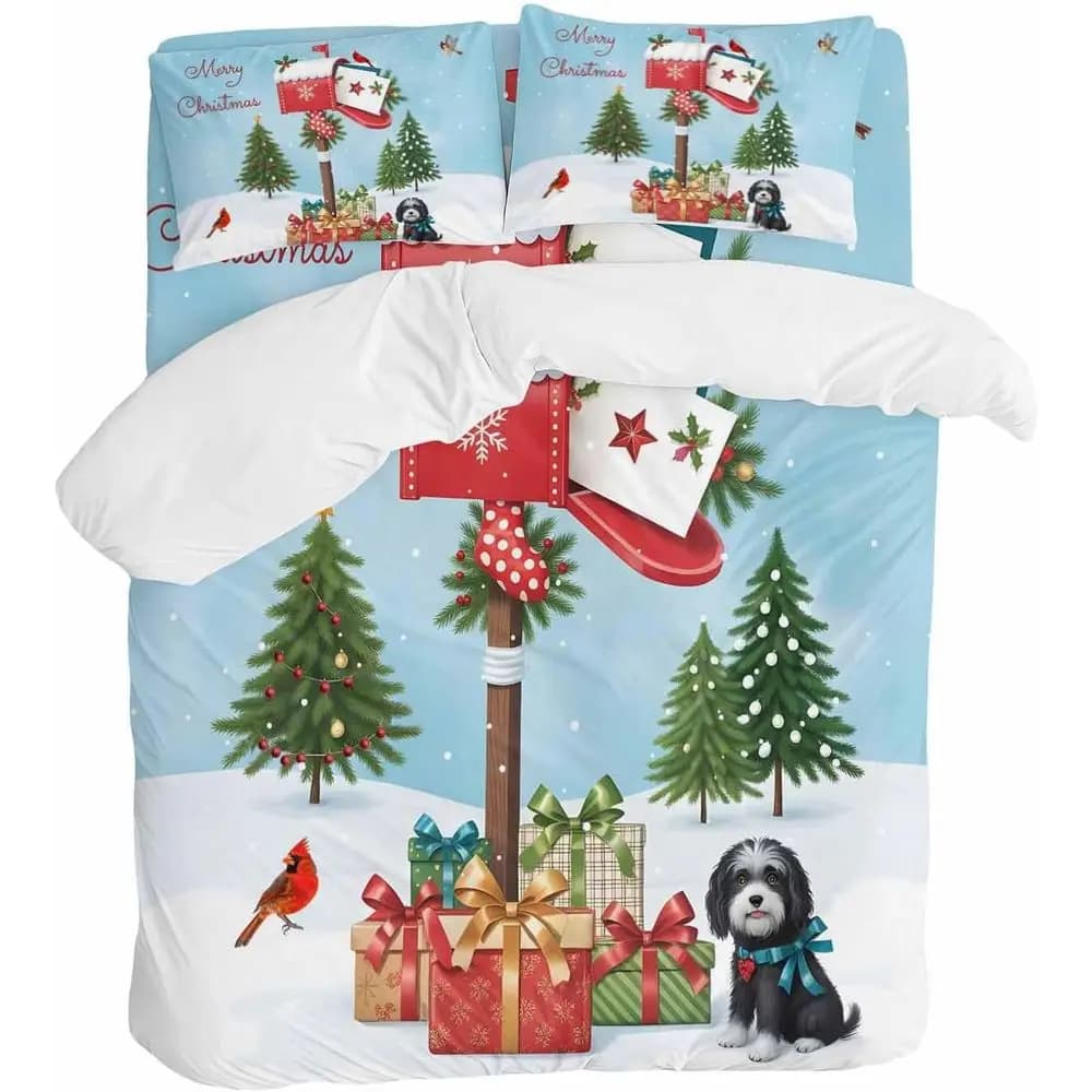 California King Christmas Rain Cover Set: festive tree, dog and bird, bedroom snow scene, plush cover with sheets