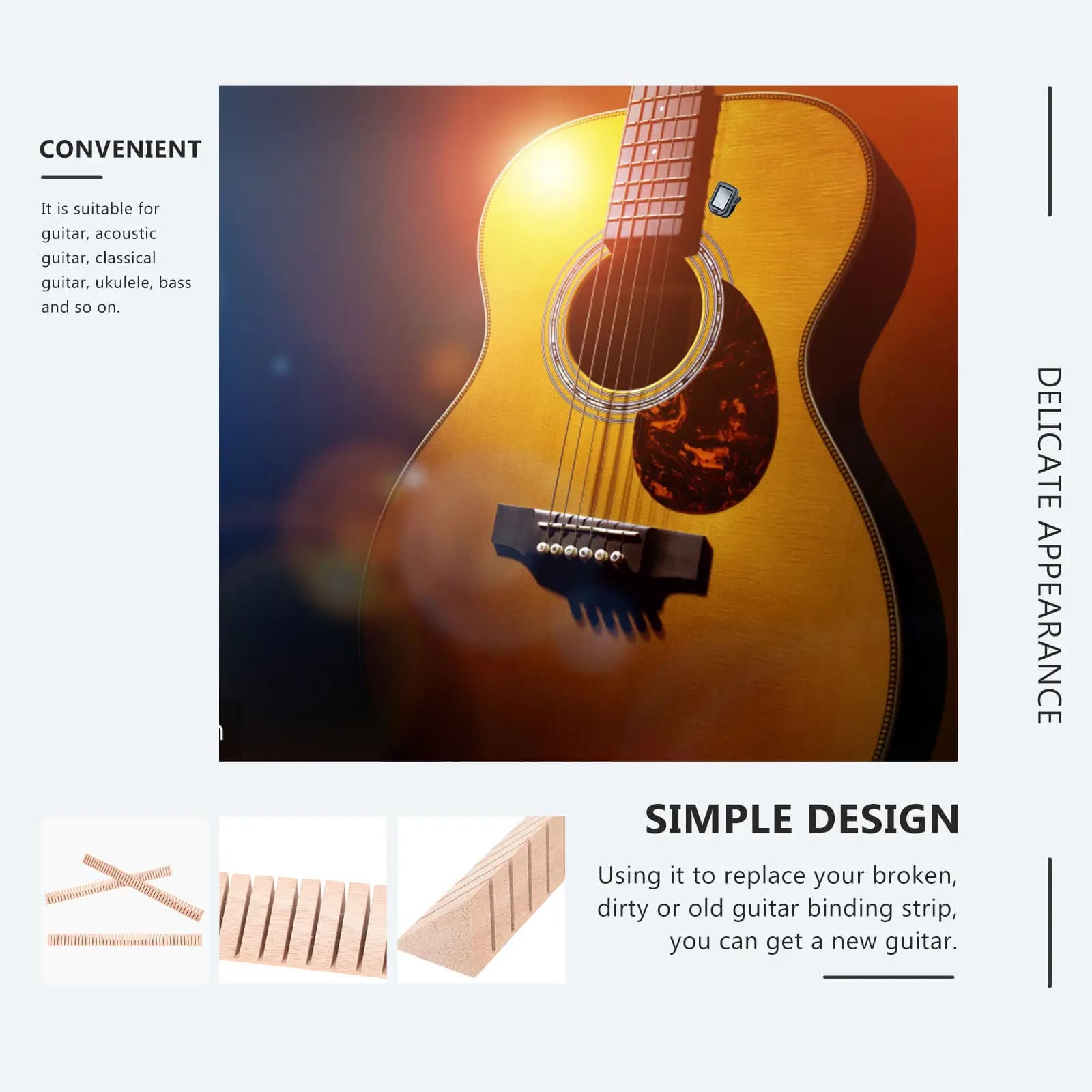 Set di 3 Bordature in Legno Premium per Chitarra, Ukulele e Basso, Strisce Decorative per Riparazione e Finitura